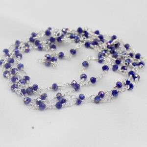 Brass Silver  Metal Chain With 3mm Crystal Beads Blue-1meter